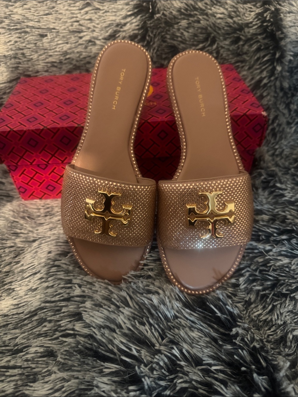 Tory Burch Everly Slide Sandals with Gold Logo Emblem